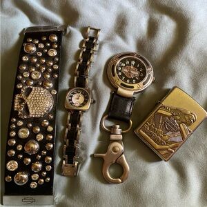 Harley Davison:magnet slide Swarovski bracelet, wrist&pocket watch, lighter.